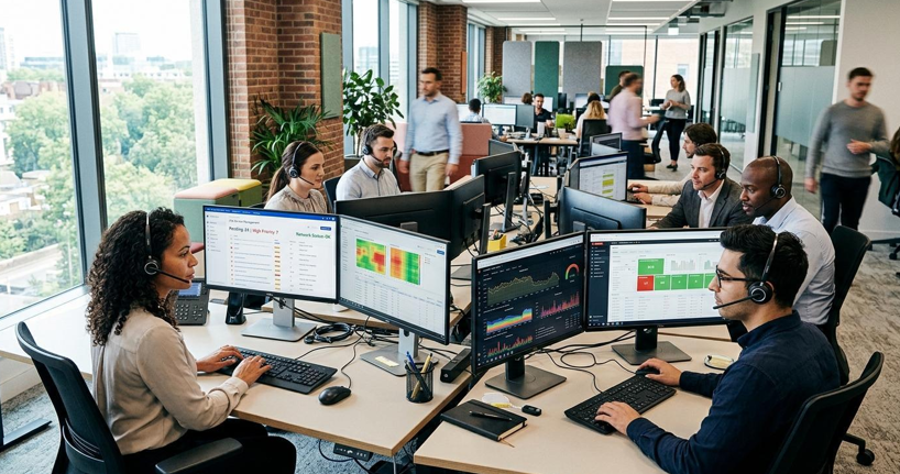 A busy IT help desk team working at a modern office with multiple monitors displaying ticketing dashboards A well-staffed MSP service desk keeps client SLAs intact - but finding that talent is harder than ever